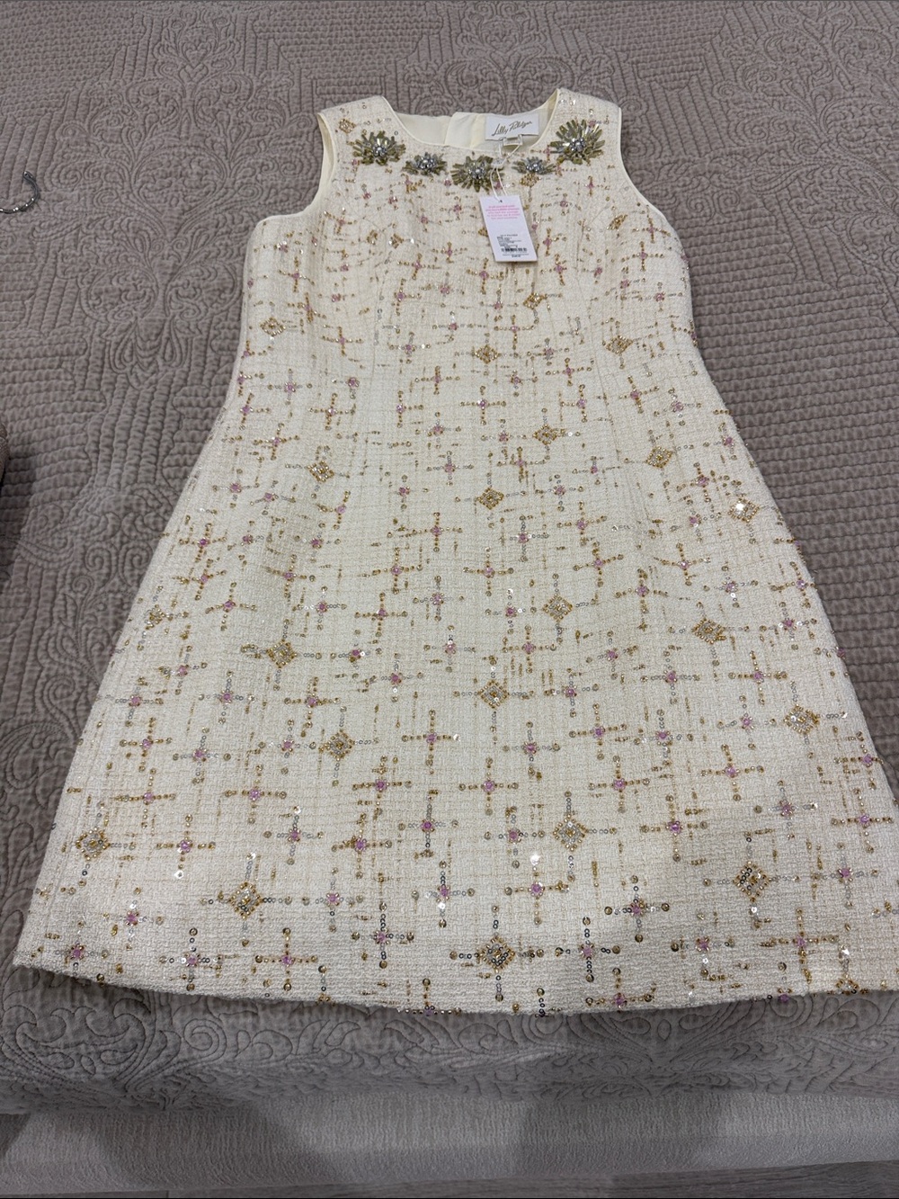 Lilly Pulitzer Cream Mini Dress with Gold & Pink Embellishment